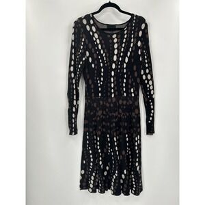 Cynthia Rowley Womens Long Sleeve Dress L Black/Brown/White Pattern Cotton/Rayon